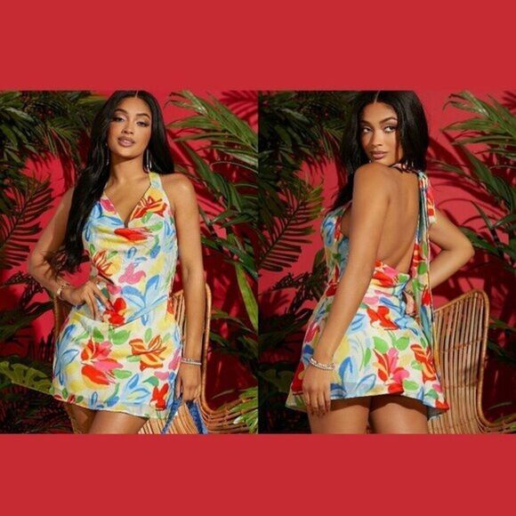 Women Allover Floral Print Tied Backless‎ Mini Dress - Picture 1 of 4